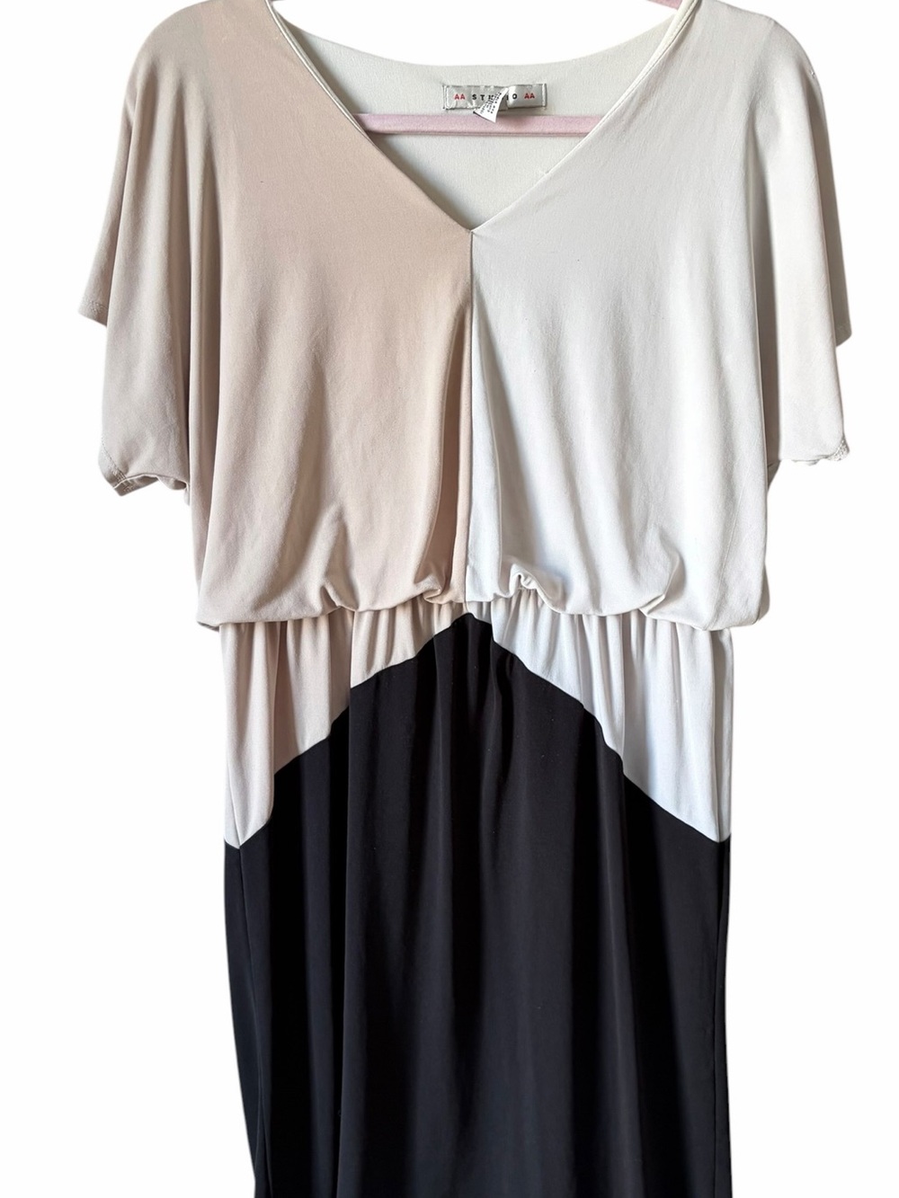 AA Studio Colorblock Blouson Dress Size 6 M Beige White Black